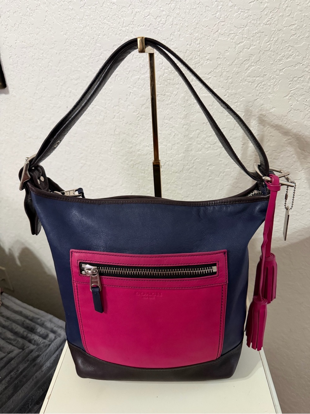Coach Navy and Hot Pink Leather Shoulder Bag